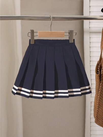 SHEIN Genkimix Kids Young Girls' Royal Blue Pleated Skirt With Woven Belt And Decorative Edge