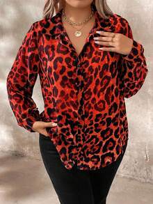 EMERY ROSE Plus Size Fashionable Leopard Print Long Sleeve Shirt Fall Cloth For Women - Red - View 6
