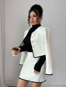 Elenzga 法式优雅精致日常外出时尚蕾丝装饰夹克和裙子两件套女士 - 杏色 - 查看 5