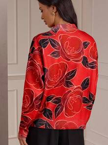 Lilora Red Floral,Autumn,Elegant,Family Casual Print Long Sleeve Sweater,Super Soft Graphic Rose Emory Rose Retro Chic Modest Formal Event Party Date Night - Multicolor - View 3