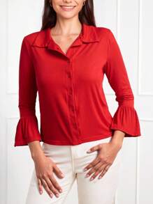 Miaspire Women's Casual Minimalist Solid Color Flared Cuff Button Front T-Shirt - Red - View 3