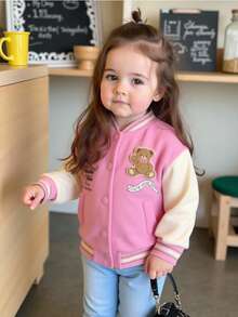 SHEIN 1 Áo khoác bóng chày dáng rộng phối màu thời trang thu/đông mới cho bé gái, in hình gấu phía trước, giản dị và dễ thương - Hồng - Xem 1
