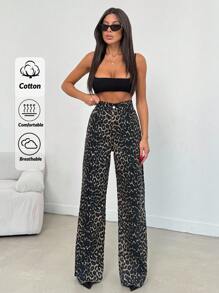 EURMUSE 100% Cotton MID RISE WIDEEG CUT LEOPARD JEAN - Multicolor - View 1