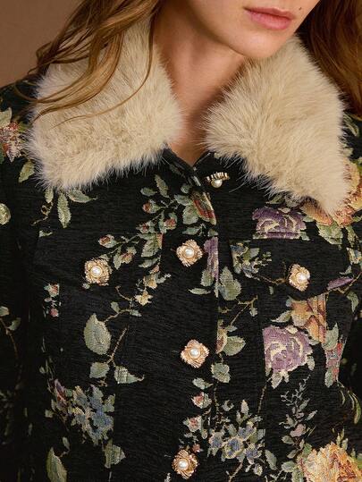 JACQUARD FLORAL PRINT CONTRAST FAUX FUR COLLAR JACKET