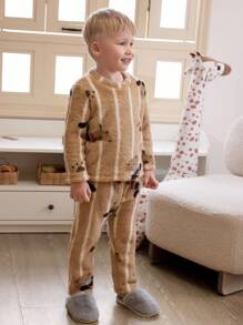 Young Boys Cute Cartoon Puppy Striped Fleece Print Long Sleeve Round Neck Pajama Sets Bear Pajamas Toddler Boy - Mocha Brown - View 5