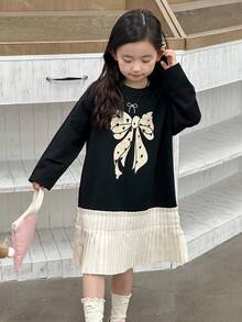 DAZY Young Girls Round Neck Bow Print Color Block Pleated Patchwork Korean Style Mid-Length Dress Fall/Winter - Black - View 3