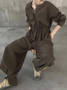 FRIFUL Bộ jumpsuit nữ màu nâu trơn, cổ tròn, cài cúc ở eo, ống thẳng, dáng rộng, thoải mái, thích hợp cho du lịch sân bay, mùa thu. - Cà phê nâu - Xem 6