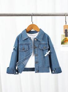 1 件女童休闲学院风水洗蓝色蝴蝶结长袖牛仔夹克 - 藍色 - 查看 8