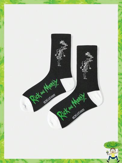 Rick and Morty X SHEIN 1 par de calcetines medianos cómodos de mujer con patrón de letras de color contrastante