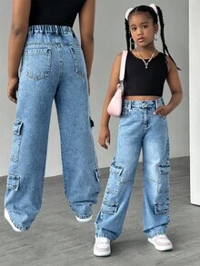 SHEIN Explorewe Tween Girls Casual Straight Washed Denim Jeans, School, Campus, College Summer Holiday - Medium Wash - View 8