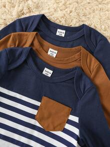 SHEIN 3件套新生儿男女通用纯色舒适休闲撞色拼接长袖连体衣和裤子套装，连体衣，适合室内、室外、日常、运动、玩耍、派对、拍照、度假等各种场合，四季皆宜。男婴连体衣套装，男婴长袖服装，3件装，婴儿套装，新生儿男婴服装，男婴秋季服装 - 彩色 - 查看 4