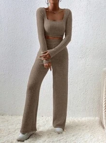 EURMUSE Cotton Square Neck Crop Tee & Wide Leg Pants - Mocha Brown - View 6