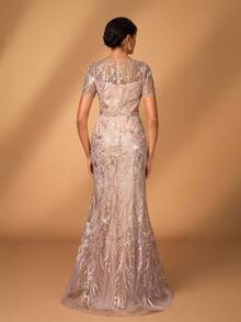 Serin Elegant Luxurious Embroidered Lace Sequin Floral Design With Faux Pearl Sheer Sleeve Dress, Suitable For Wedding, Party, Vacation, Prom, Evening Gown, Mother Of The Bride, Valentine's Day - Pink - View 3