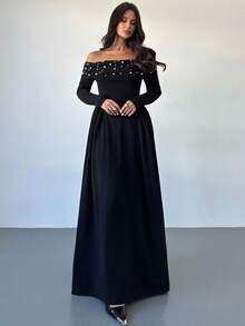 Firerie Vestido largo de línea A con hombros descubiertos, manga larga, fruncido y cuentas para mujer, vestido elegante y sexy para eventos de noche, vestido vintage con decoración de perlas, adecuado para primavera, verano, otoño, elegante, viajes, sexy, vacaciones, playa, estilo bohemio, Hawái, festivales de música, romántico, citas, fiestas, bodas, graduación, actuaciones, conciertos, trabajo, regreso a clases, cumpleaños de mujer - Negro - Ver 7