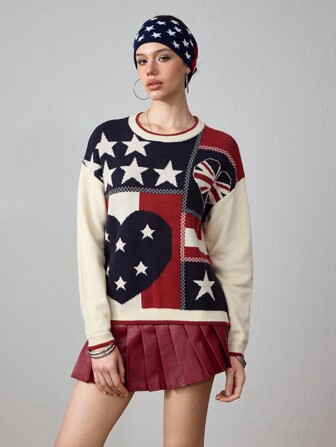 J-Fashion Maglione casual americano a righe con pentagramma in stile retrò Y2K per donna