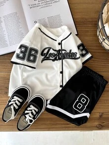 SHEIN 2pcs Baby Boys/Girls Letter Print V-Neck Short Sleeve Top And Elastic Waist Shorts Set