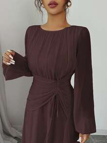 Elenzga 女士春夏法式浪漫西西里优雅休闲通勤度假下午茶派对圆领褶皱腰抽绳 A 字形松紧腰长袖长裙 - 棕色 - 查看 6