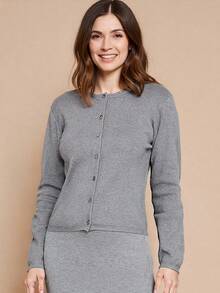 SHEIN LUNE 女士纯色圆领长袖简约上衣，日常休闲穿着 - 灰色 - 查看 1