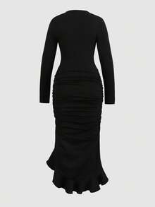 Girlism Vestido de manga larga con cuello redondo, ajustado, con abertura y volantes en el bajo, de unicolor para adolescentes