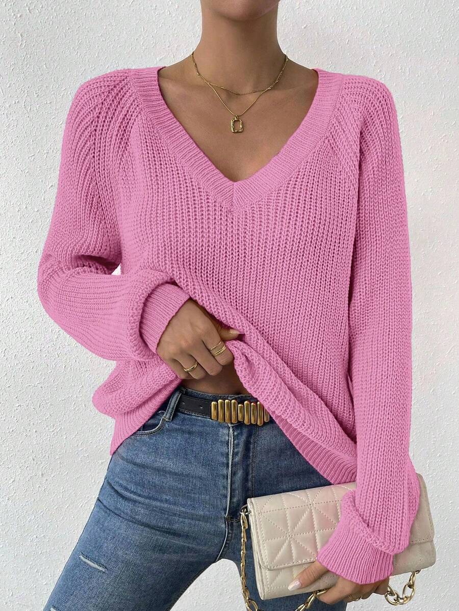 EMERY ROSE Women's Solid Color Minimalist Everyday Knit Long Sleeve Sweater Fall Winter Cloth For Women - Pink - View 1