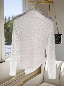 GlowEve Lace Fabric Asymmetric Ruched Sheer Elegant Blouse For Women Fall Cloth For Women - White - View 2