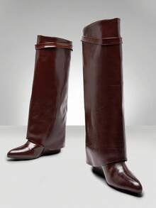 Solezae Women's Knee High Fold Over Pointy Toe High Heel Wedged Boots - Chocolate Brown - View 5