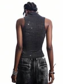 LYSMO 2025 New Arrive Minimalism Fall Women's Fashionable Sexy Shiny Mesh High Neck Camisole For Back To School, Homecoming, 2000s Style, Y2K Clothes Women, Streetwear ,Halloween Costume Women  Grunge And Gothic Clothes - Black - View 2