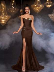 Glamrae Bộ đồ bơi liền thân co giãn họa tiết hoa ngọc trai ánh kim sang trọng thanh lịch, có chân váy đuôi cá xẻ tà và đuôi dài, thích hợp cho đám cưới, tiệc tùng, kỳ nghỉ, dạ hội, váy dạ hội (được trang trí nhiều chi tiết) - Cà phê nâu - Xem 7