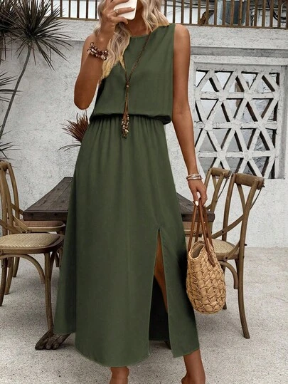 Breezaya Sleeveless Round Neck Solid Color Casual & Commute Dress With Cinched Waist And Split Hem For Women Maxi Women Outfit