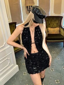 Ardnt 亮片深V性感复古时尚露背简约优雅女式背心，初秋新品 - 黑色 - 查看 4