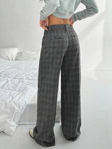 Flirla Tall Women's Extra Long Plaid Dark Grey Casual Loose Comfortable Pants, Suitable For Commuting - Dark Grey - View 2