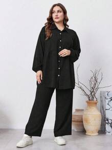 Mulvari 2 件加大码纯色前扣长袖休闲优雅裤套装，休闲 2 件套服装，适合旅行/休闲/居家/度假 2 件套 - 黑色 - 查看 3
