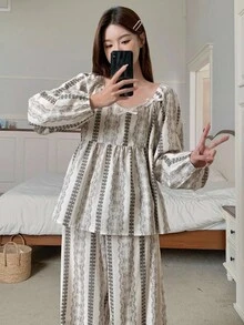 DAZY Women's Casual Printed Top & Pants Pajama Set, Fall Clothes - White - View 6