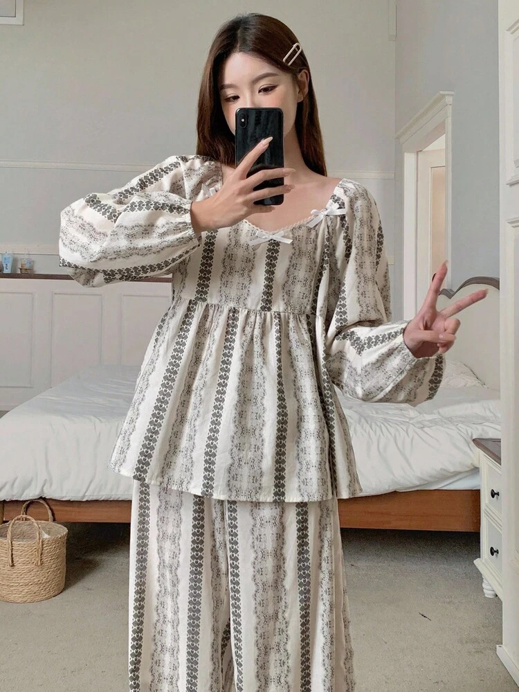 Women's Casual Printed Top & Pants Pajama Set, Fall Clothes