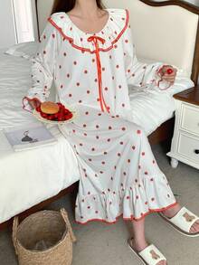 DAZY Cute Strawberry Print Ruffle Trim Long Women Nightgown, Fall Pajama - Red - View 3