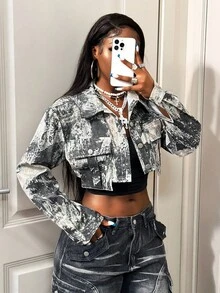BamGleam Camouflage Utility Cropped Long Sleeve Metal Button Jacket - Light Grey - View 4