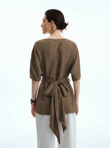 Aalyst 女士亚麻度假风格海滩风船领宽松 A 字腰系带长衬衫，适合休闲、通勤、春夏季 - 咖啡棕 - 查看 2