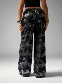 MISSGUIDED Pantalones palazzo de pierna ancha con lentejuelas, de cintura alta, para ocasiones especiales, fiestas, eventos festivos y salidas nocturnas - Negro - Ver 2