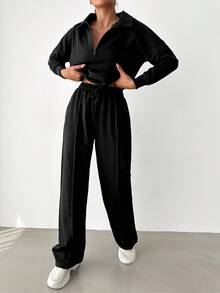 EURMUSE Women's Casual Solid Color Sweatshirt And Sweatpants 2 Pieces Set - Black - View 3