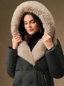 Anewsta 女士时尚休闲蓬松人造毛领中长款黑色绗缝外套，拉链款