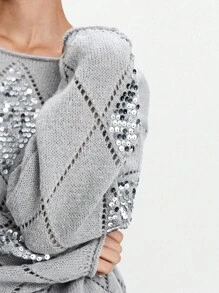 SHEIN LUNE Rhombus Sequin Embroidery Loose Pullover Sweater, Autumn/Winter Fall Cloth For Women - Grey - View 5