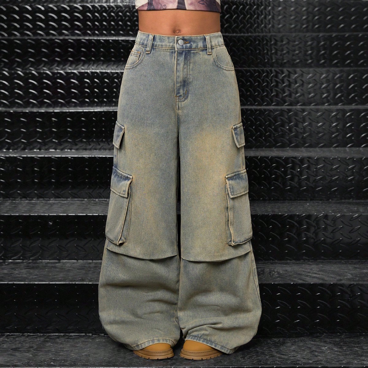 Jeans anchos y sueltos de diseño de bolsillo de mezclilla azul, cómodos y nostálgicos, para uso diario, invierno, otoño, festivales y escuela, par