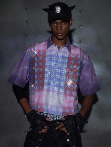 NEON BLANC Men's Summer Fashion Gradient Plaid Spider Web Rhinestone Shirt - Pink - View 4