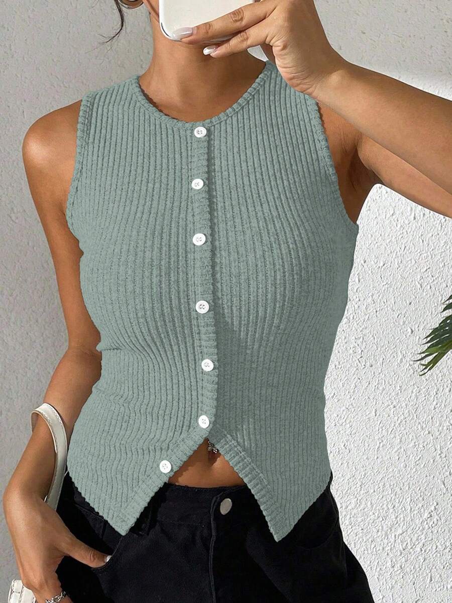 Chiquease Áo hai dây ngắn có gân thường ngày dành cho nữ, xẻ tà bên hông - Màu xanh nhạt - Xem 1