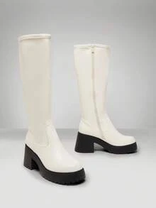 Solezae Sepatu Bot Setinggi Lutut Wanita dengan Bahan Elastis yang Nyaman dan Sol Tebal Bertekstur - Putih - View 5