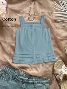 Rusticease 女士纯色蕾丝拼布方领无袖衬衫，夏季