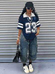 INAWLY Sports Style Retro Numeric Print Short Sleeve Polo Shirt, Suitable For Everyday Wear - Blue - View 4