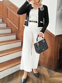 SHEIN LUNE Women's Autumn Floral 3D Decor Long Sleeve Lace Splicing Elegant Short Cardigan