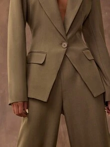 SHEIN BAE 1 套时尚纯色深 V 单排扣修身西装外套和高腰直筒西装裤 - 摩卡棕 - 查看 8