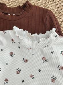 LMoss Kids Conjunto de 2 piezas para bebé niña con top de punto con cuello de volantes y estampado floral, top acanalado, top floral de manga larga, camisa marrón, top acanalado con borde de lechuga, camisa de manga larga, camisa acanalada, ropa de otoño - Multicolor - View 4